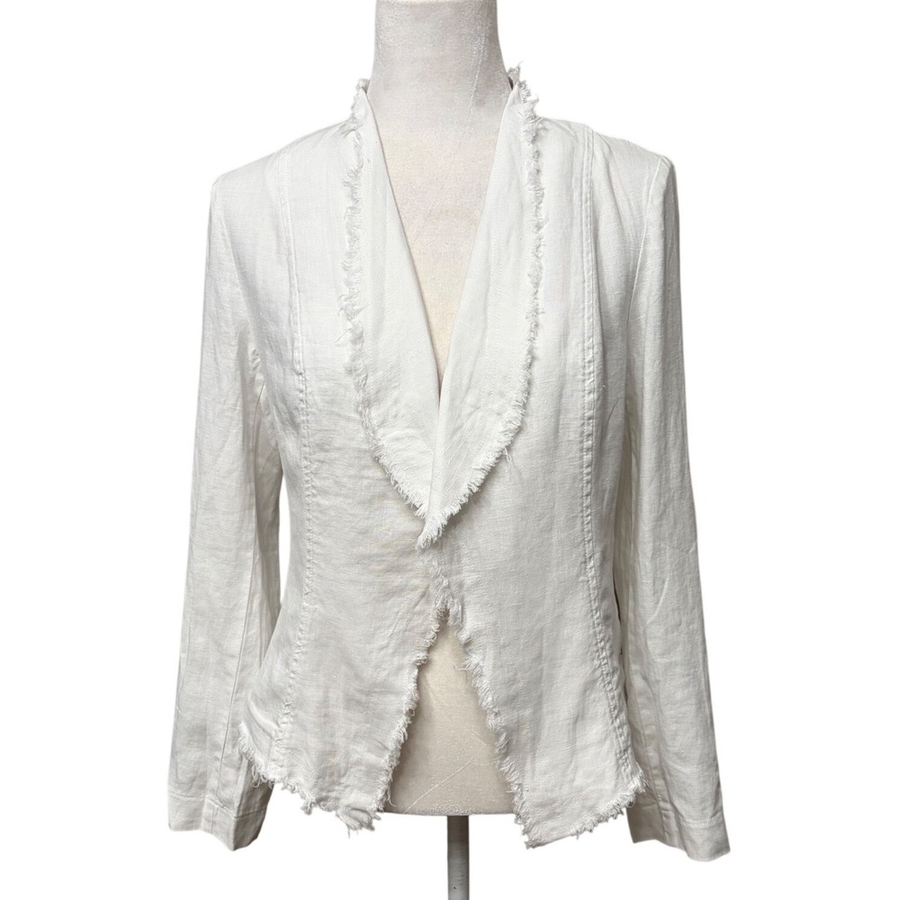 NWT INC White Linen Blazer NEW Fringe Trim‎ Open Front Petite Small Women's PS